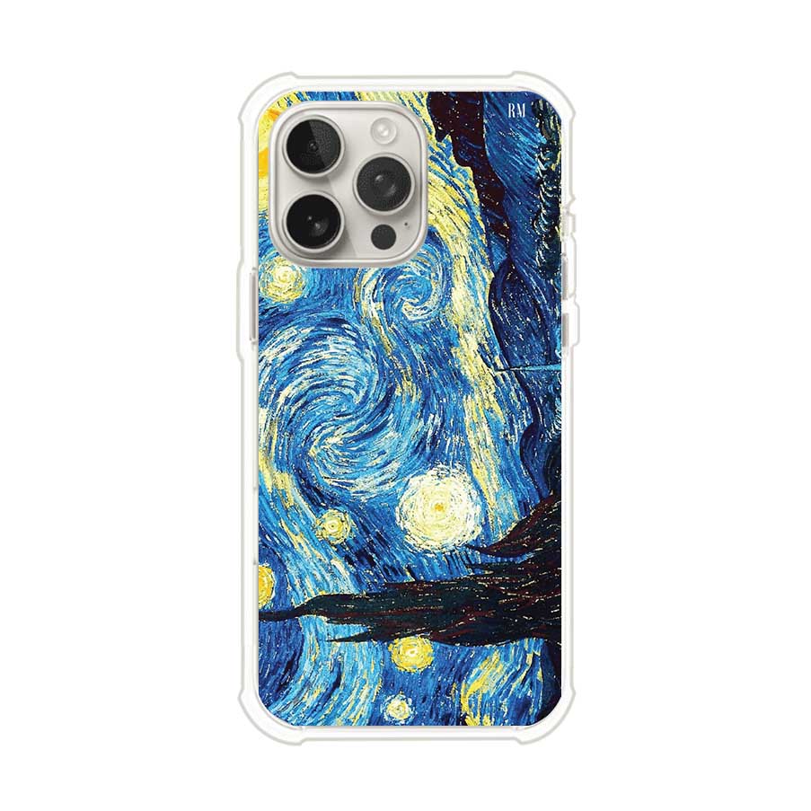 Funda para iPhone con diseño de La Noche Estrellada de Van Gogh. Ideal para amantes del arte clásico, con colores vibrantes en azul y amarillo que evocan una atmósfera mágica. Diseño exclusivo de Remark MX