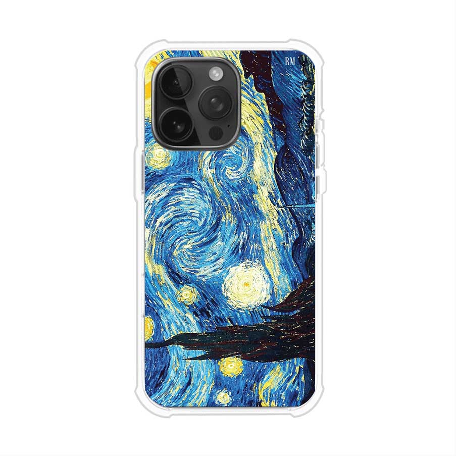 Funda para iPhone con diseño de La Noche Estrellada de Van Gogh. Ideal para amantes del arte clásico, con colores vibrantes en azul y amarillo que evocan una atmósfera mágica. Diseño exclusivo de Remark MX