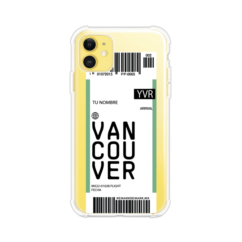 Funda personalizada estilo pase de abordar con diseño de Vancouver y código YVR, personalizable con nombre y datos de vuelo; producto de Remark MX para iPhone