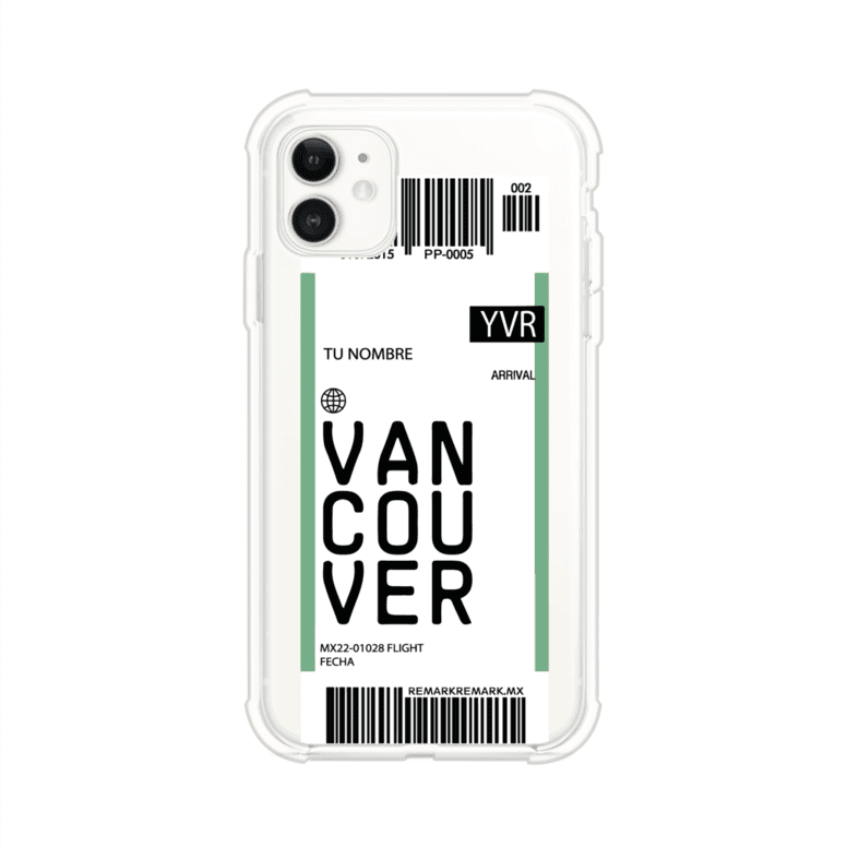 Funda personalizada estilo pase de abordar con diseño de Vancouver y código YVR, personalizable con nombre y datos de vuelo; producto de Remark MX para iPhone