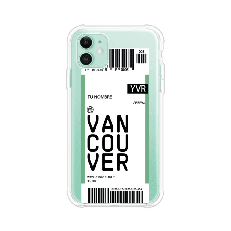 Funda personalizada estilo pase de abordar con diseño de Vancouver y código YVR, personalizable con nombre y datos de vuelo; producto de Remark MX para iPhone