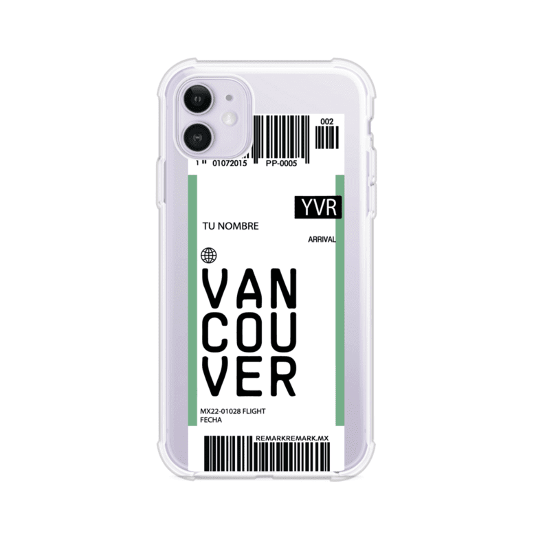 Funda personalizada estilo pase de abordar con diseño de Vancouver y código YVR, personalizable con nombre y datos de vuelo; producto de Remark MX para iPhone