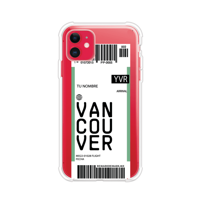 Funda personalizada estilo pase de abordar con diseño de Vancouver y código YVR, personalizable con nombre y datos de vuelo; producto de Remark MX para iPhone