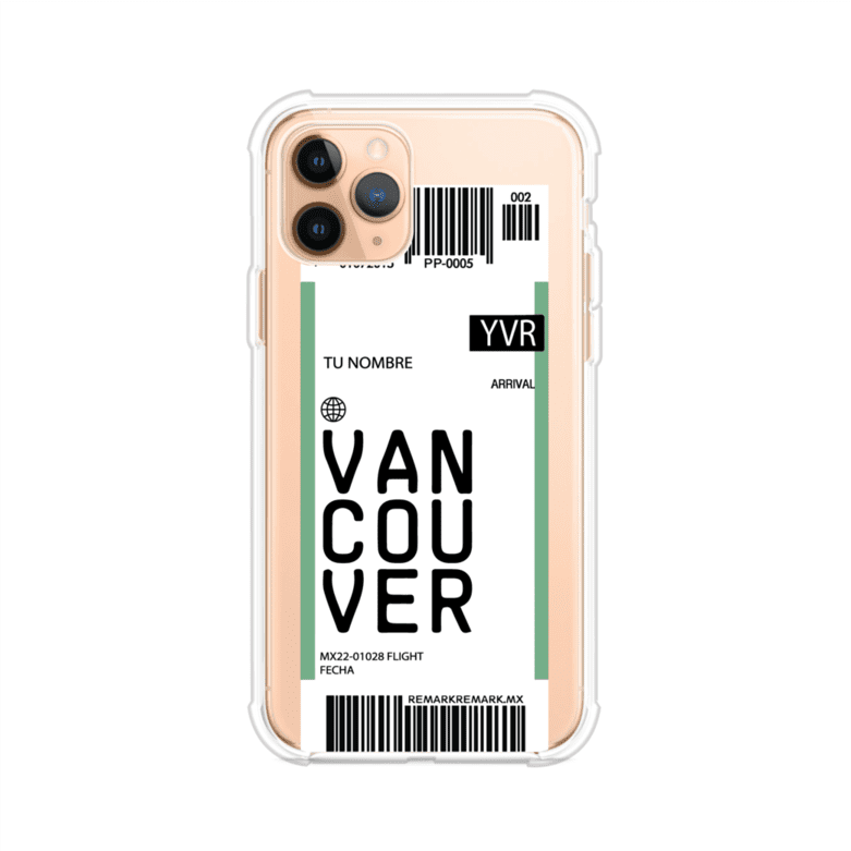 Funda personalizada estilo pase de abordar con diseño de Vancouver y código YVR, personalizable con nombre y datos de vuelo; producto de Remark MX para iPhone