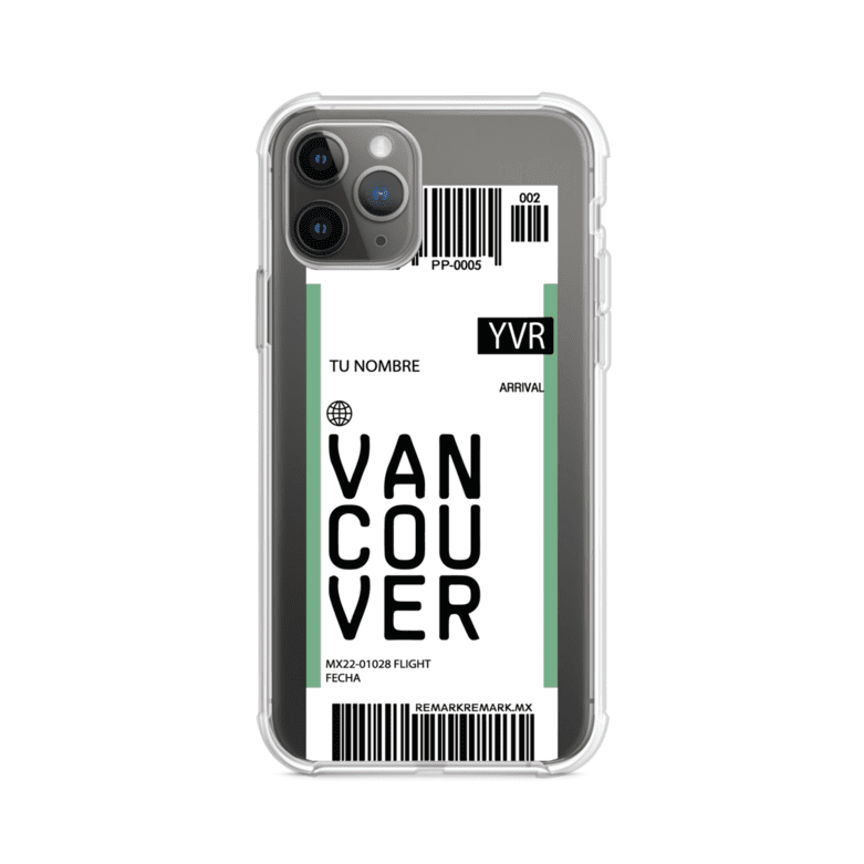 Funda personalizada estilo pase de abordar con diseño de Vancouver y código YVR, personalizable con nombre y datos de vuelo; producto de Remark MX para iPhone