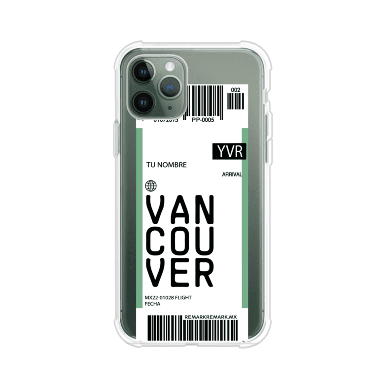 Funda personalizada estilo pase de abordar con diseño de Vancouver y código YVR, personalizable con nombre y datos de vuelo; producto de Remark MX para iPhone