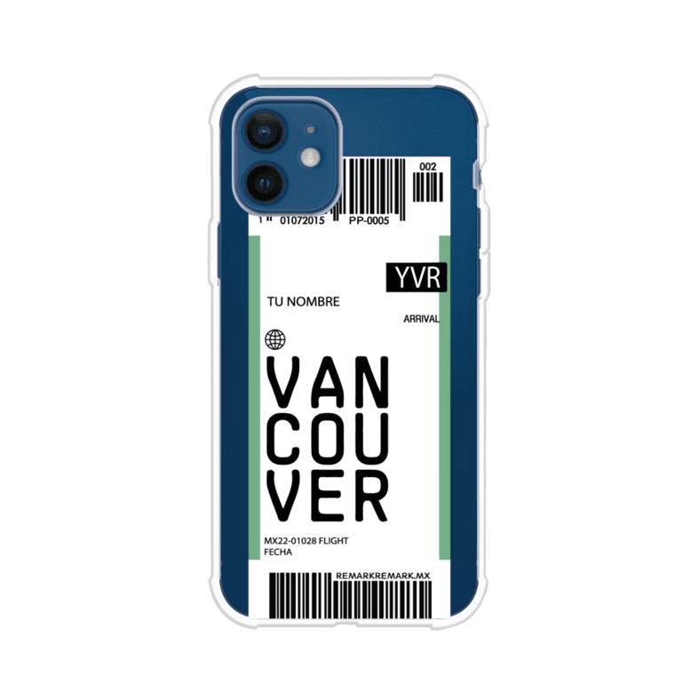 Funda personalizada estilo pase de abordar con diseño de Vancouver y código YVR, personalizable con nombre y datos de vuelo; producto de Remark MX para iPhone