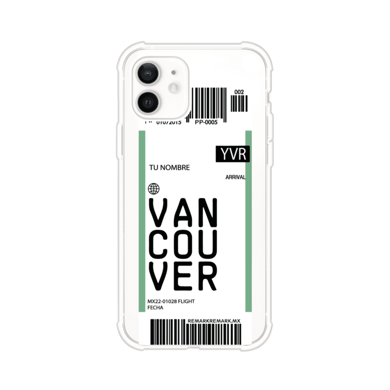 Funda personalizada estilo pase de abordar con diseño de Vancouver y código YVR, personalizable con nombre y datos de vuelo; producto de Remark MX para iPhone