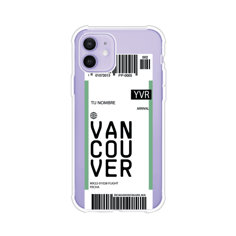 Funda personalizada estilo pase de abordar con diseño de Vancouver y código YVR, personalizable con nombre y datos de vuelo; producto de Remark MX para iPhone