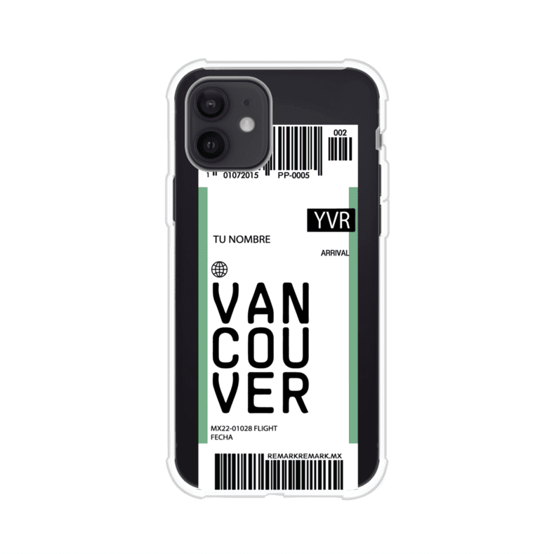 Funda personalizada estilo pase de abordar con diseño de Vancouver y código YVR, personalizable con nombre y datos de vuelo; producto de Remark MX para iPhone