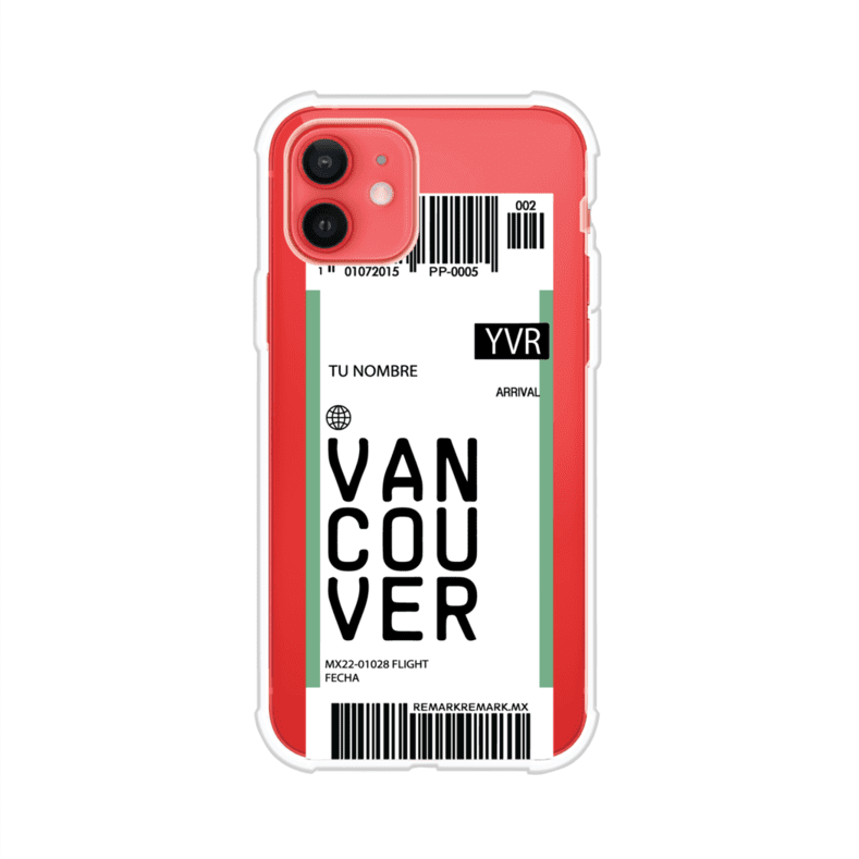Funda personalizada estilo pase de abordar con diseño de Vancouver y código YVR, personalizable con nombre y datos de vuelo; producto de Remark MX para iPhone