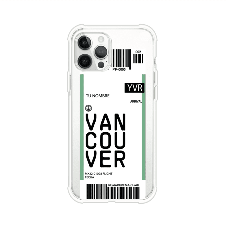 Funda personalizada estilo pase de abordar con diseño de Vancouver y código YVR, personalizable con nombre y datos de vuelo; producto de Remark MX para iPhone