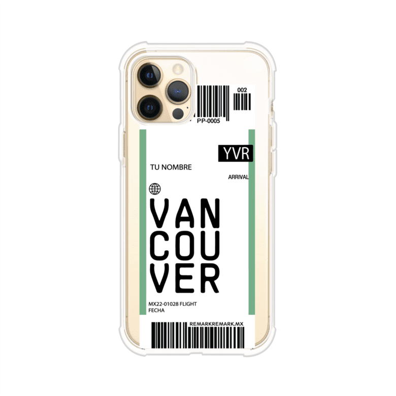 Funda personalizada estilo pase de abordar con diseño de Vancouver y código YVR, personalizable con nombre y datos de vuelo; producto de Remark MX para iPhone