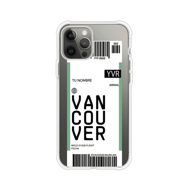 Funda personalizada estilo pase de abordar con diseño de Vancouver y código YVR, personalizable con nombre y datos de vuelo; producto de Remark MX para iPhone