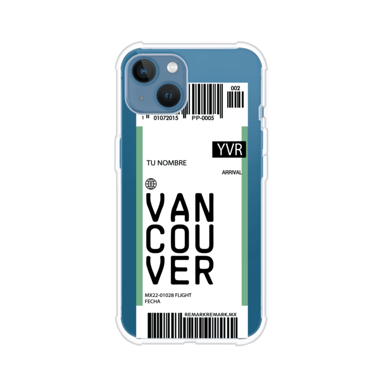 Funda personalizada estilo pase de abordar con diseño de Vancouver y código YVR, personalizable con nombre y datos de vuelo; producto de Remark MX para iPhone