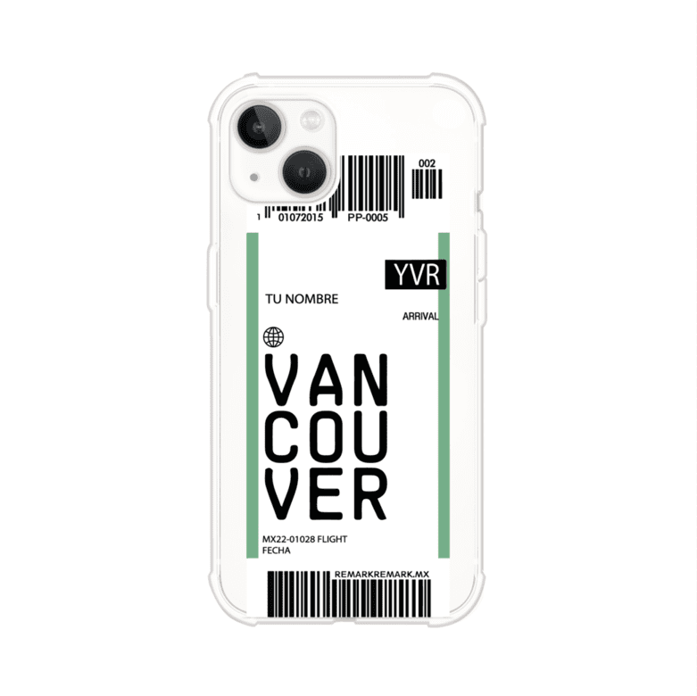 Funda personalizada estilo pase de abordar con diseño de Vancouver y código YVR, personalizable con nombre y datos de vuelo; producto de Remark MX para iPhone
