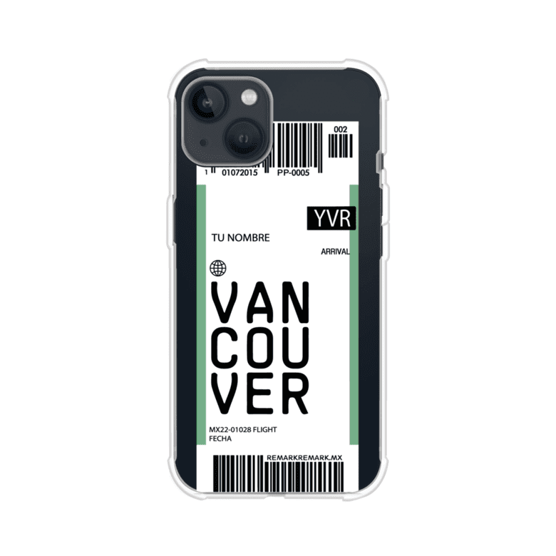 Funda personalizada estilo pase de abordar con diseño de Vancouver y código YVR, personalizable con nombre y datos de vuelo; producto de Remark MX para iPhone