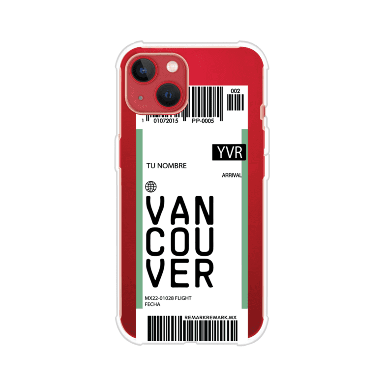 Funda personalizada estilo pase de abordar con diseño de Vancouver y código YVR, personalizable con nombre y datos de vuelo; producto de Remark MX para iPhone