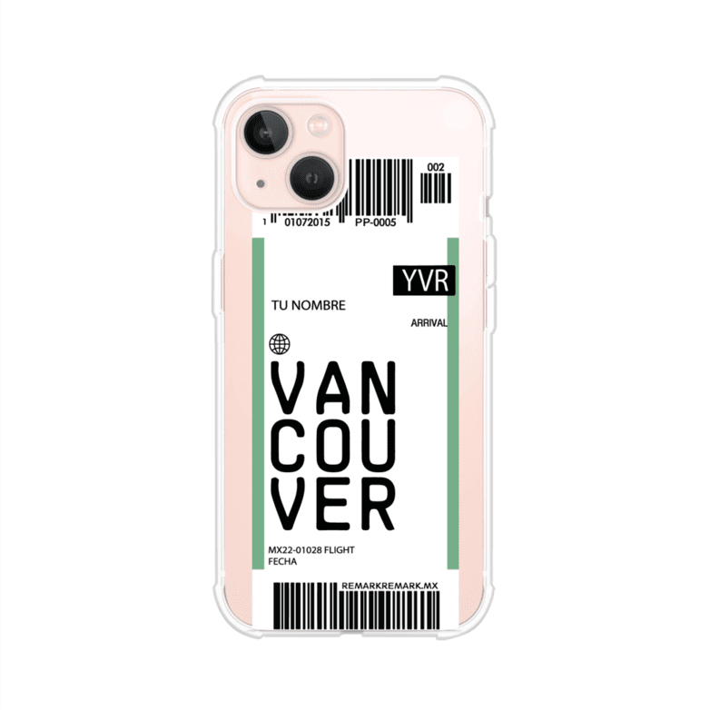 Funda personalizada estilo pase de abordar con diseño de Vancouver y código YVR, personalizable con nombre y datos de vuelo; producto de Remark MX para iPhone