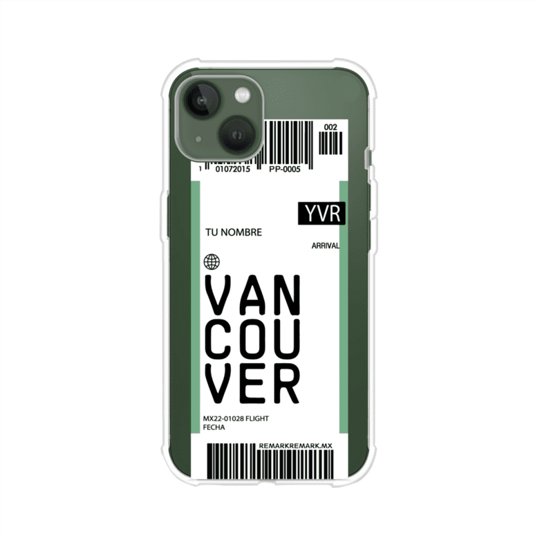 Funda personalizada estilo pase de abordar con diseño de Vancouver y código YVR, personalizable con nombre y datos de vuelo; producto de Remark MX para iPhone