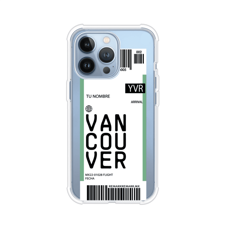 Funda personalizada estilo pase de abordar con diseño de Vancouver y código YVR, personalizable con nombre y datos de vuelo; producto de Remark MX para iPhone