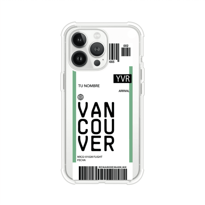 Funda personalizada estilo pase de abordar con diseño de Vancouver y código YVR, personalizable con nombre y datos de vuelo; producto de Remark MX para iPhone