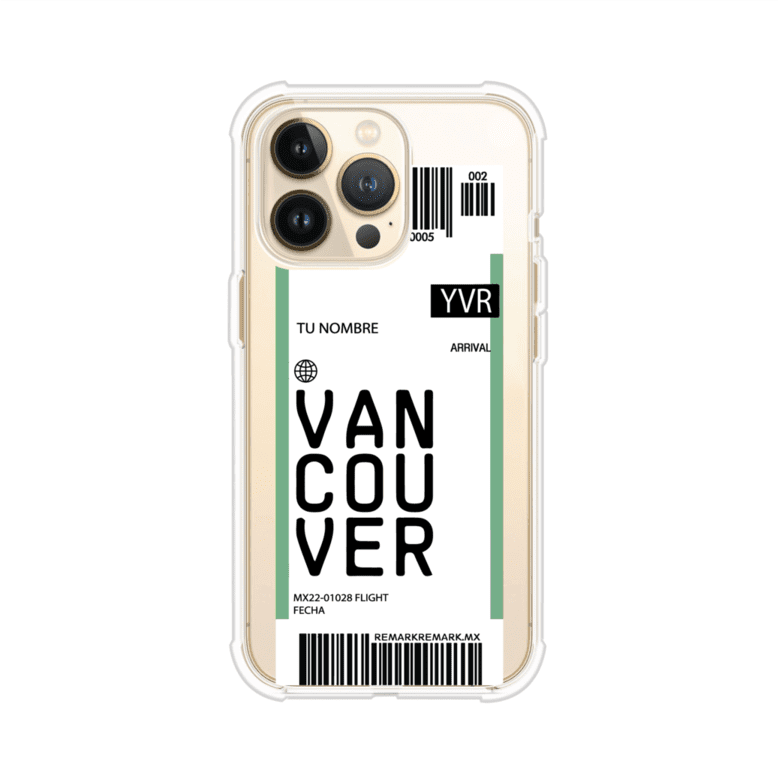 Funda personalizada estilo pase de abordar con diseño de Vancouver y código YVR, personalizable con nombre y datos de vuelo; producto de Remark MX para iPhone