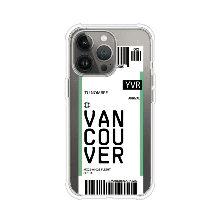 Funda personalizada estilo pase de abordar con diseño de Vancouver y código YVR, personalizable con nombre y datos de vuelo; producto de Remark MX para iPhone