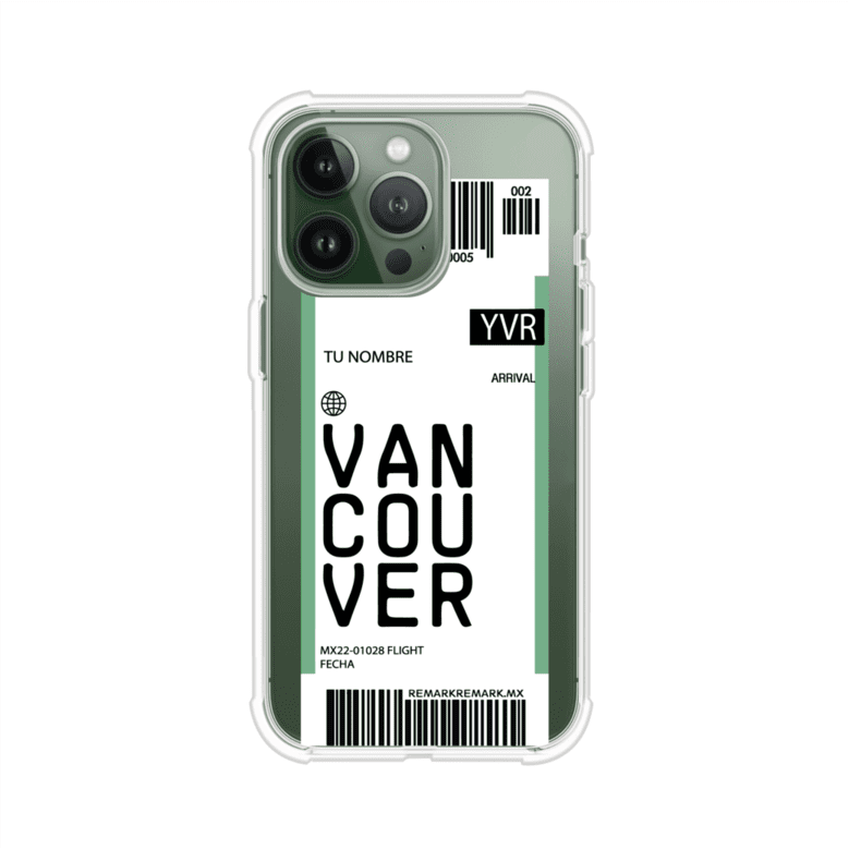 Funda personalizada estilo pase de abordar con diseño de Vancouver y código YVR, personalizable con nombre y datos de vuelo; producto de Remark MX para iPhone