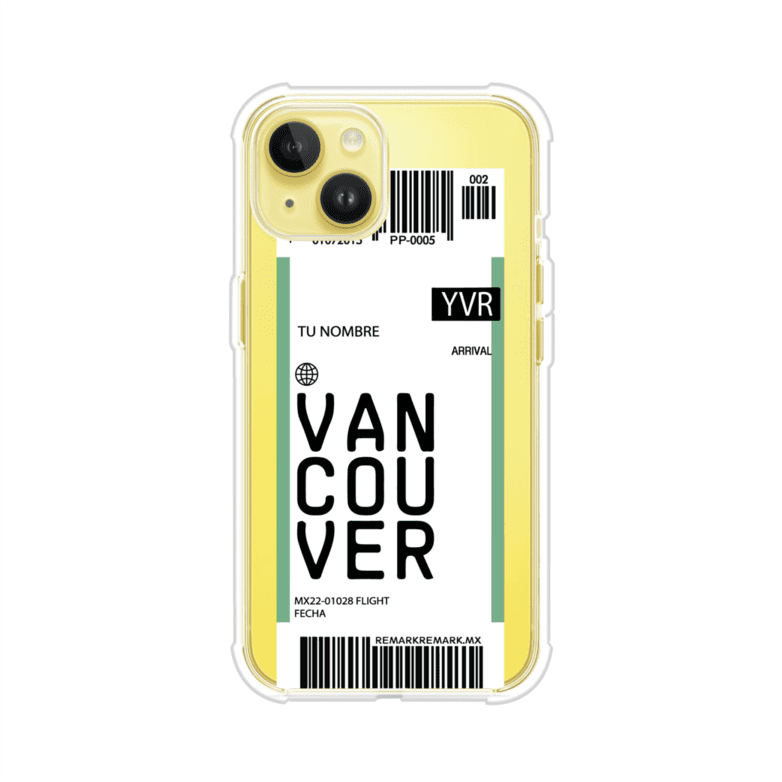 Funda personalizada estilo pase de abordar con diseño de Vancouver y código YVR, personalizable con nombre y datos de vuelo; producto de Remark MX para iPhone