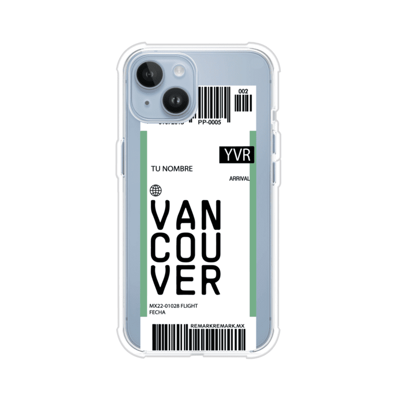 Funda personalizada estilo pase de abordar con diseño de Vancouver y código YVR, personalizable con nombre y datos de vuelo; producto de Remark MX para iPhone