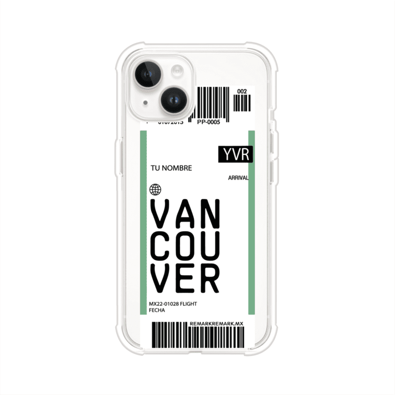 Funda personalizada estilo pase de abordar con diseño de Vancouver y código YVR, personalizable con nombre y datos de vuelo; producto de Remark MX para iPhone