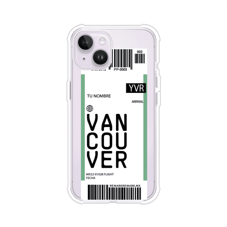 Funda personalizada estilo pase de abordar con diseño de Vancouver y código YVR, personalizable con nombre y datos de vuelo; producto de Remark MX para iPhone