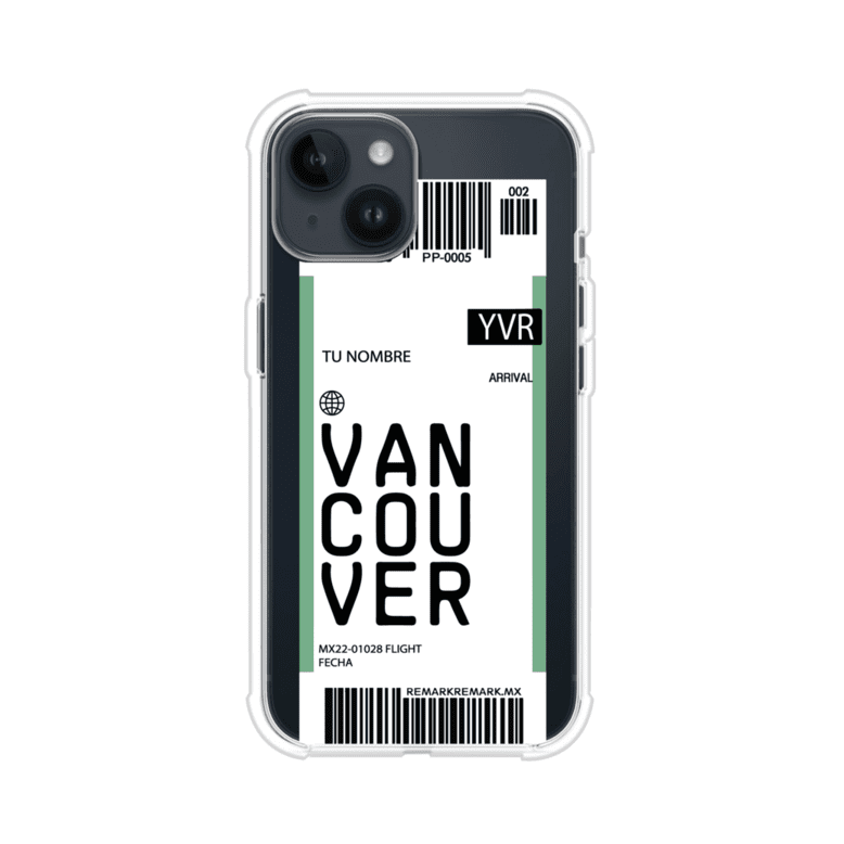 Funda personalizada estilo pase de abordar con diseño de Vancouver y código YVR, personalizable con nombre y datos de vuelo; producto de Remark MX para iPhone