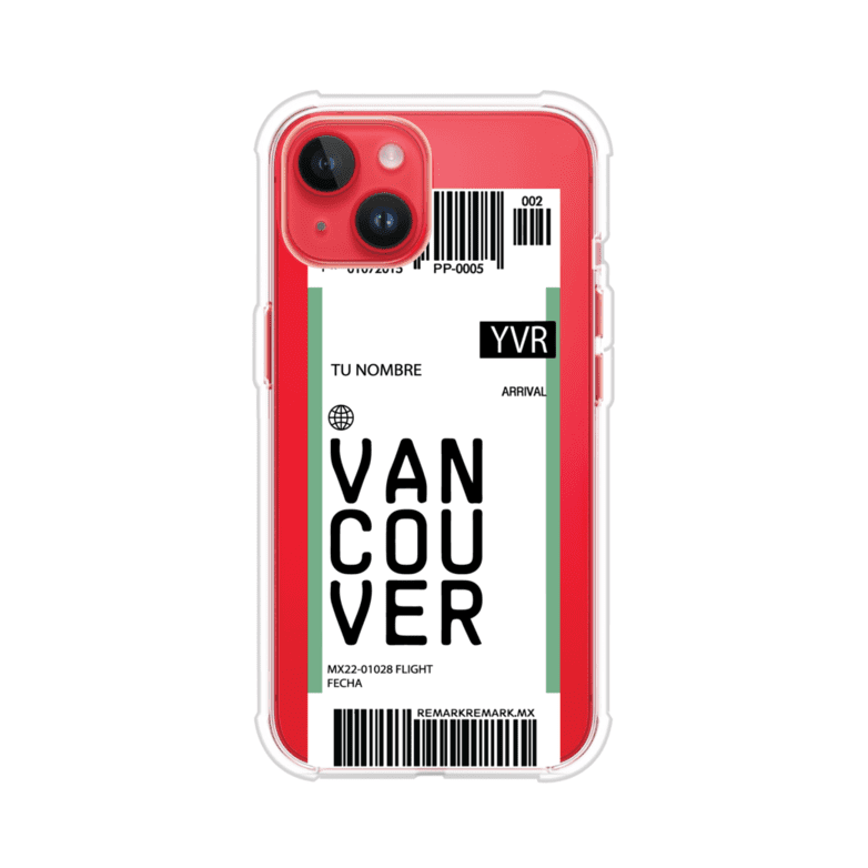 Funda personalizada estilo pase de abordar con diseño de Vancouver y código YVR, personalizable con nombre y datos de vuelo; producto de Remark MX para iPhone
