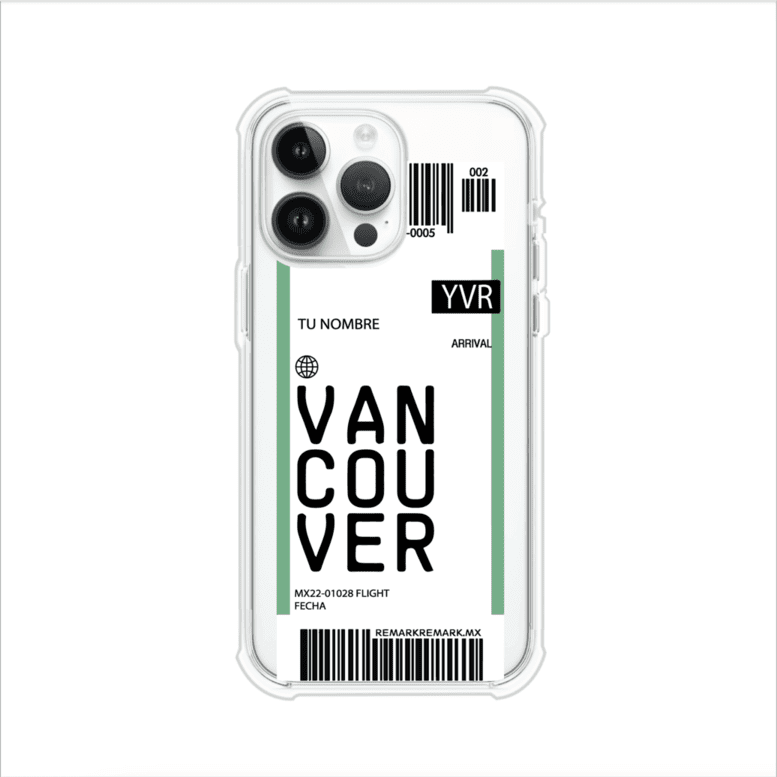 Funda personalizada estilo pase de abordar con diseño de Vancouver y código YVR, personalizable con nombre y datos de vuelo; producto de Remark MX para iPhone