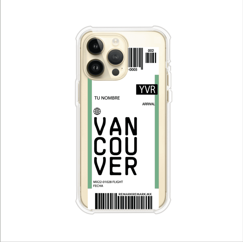 Funda personalizada estilo pase de abordar con diseño de Vancouver y código YVR, personalizable con nombre y datos de vuelo; producto de Remark MX para iPhone