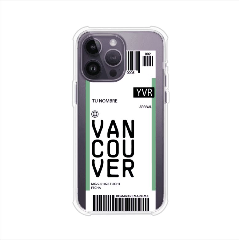Funda personalizada estilo pase de abordar con diseño de Vancouver y código YVR, personalizable con nombre y datos de vuelo; producto de Remark MX para iPhone