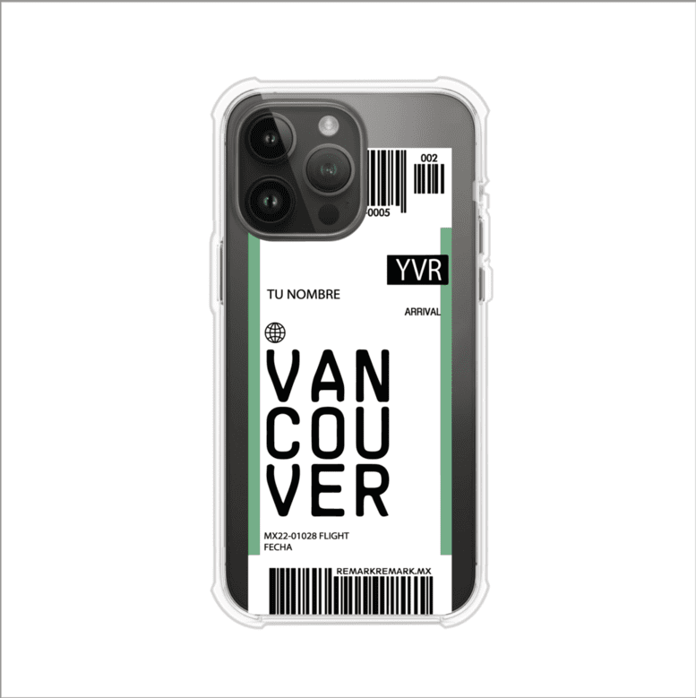 Funda personalizada estilo pase de abordar con diseño de Vancouver y código YVR, personalizable con nombre y datos de vuelo; producto de Remark MX para iPhone