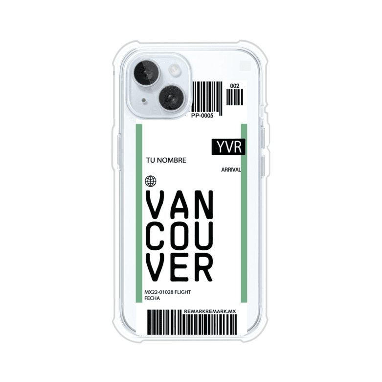 Funda personalizada estilo pase de abordar con diseño de Vancouver y código YVR, personalizable con nombre y datos de vuelo; producto de Remark MX para iPhone