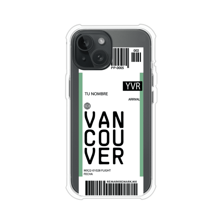 Funda personalizada estilo pase de abordar con diseño de Vancouver y código YVR, personalizable con nombre y datos de vuelo; producto de Remark MX para iPhone