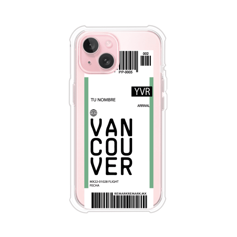 Funda personalizada estilo pase de abordar con diseño de Vancouver y código YVR, personalizable con nombre y datos de vuelo; producto de Remark MX para iPhone