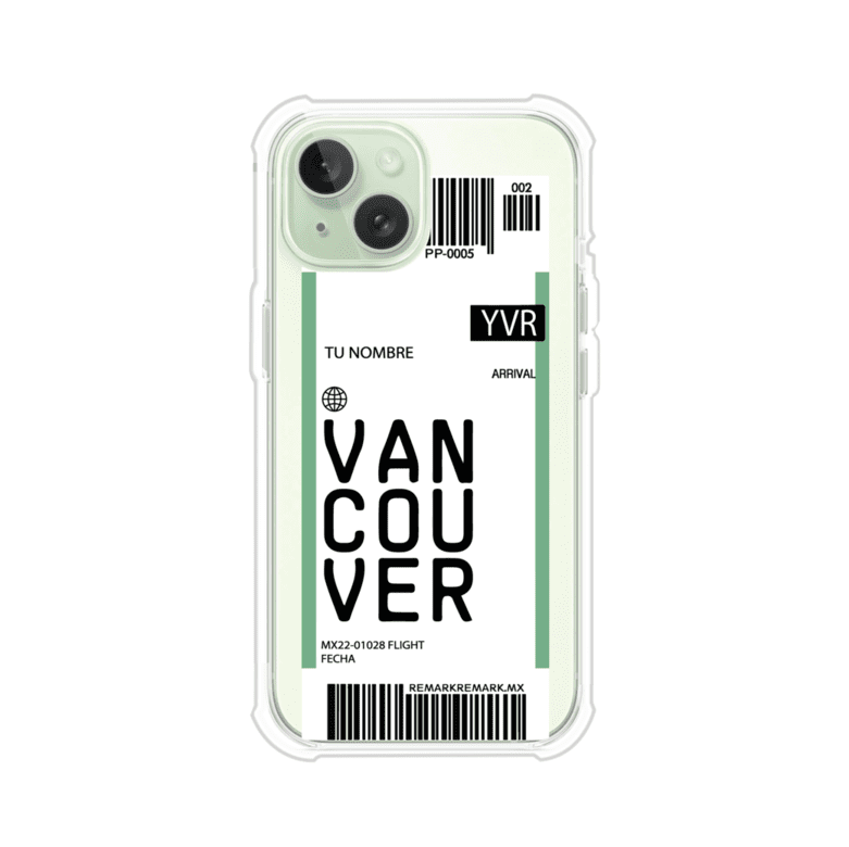 Funda personalizada estilo pase de abordar con diseño de Vancouver y código YVR, personalizable con nombre y datos de vuelo; producto de Remark MX para iPhone