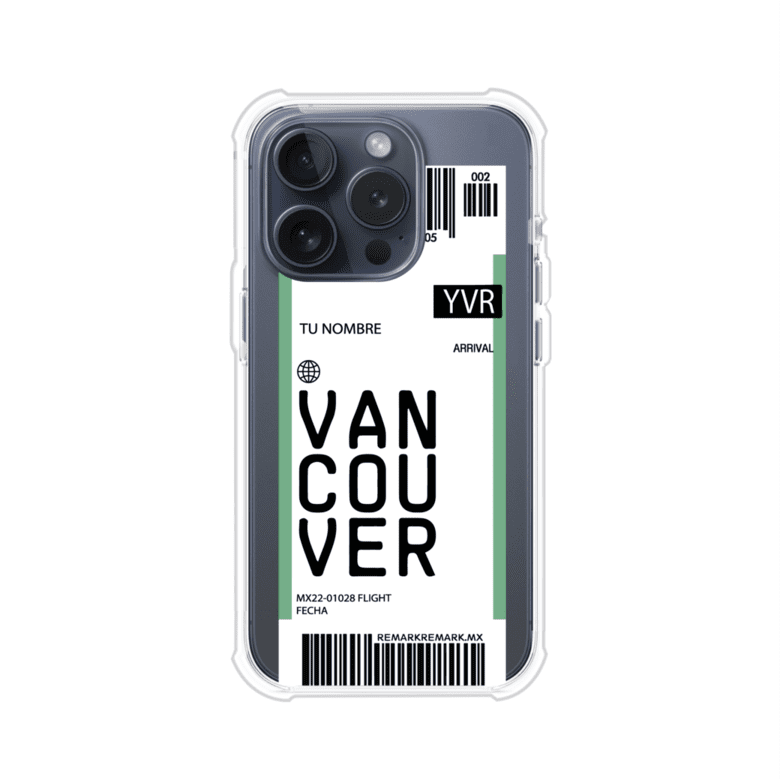 Funda personalizada estilo pase de abordar con diseño de Vancouver y código YVR, personalizable con nombre y datos de vuelo; producto de Remark MX para iPhone