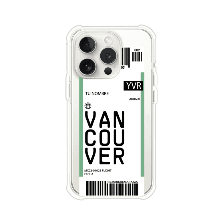 Funda personalizada estilo pase de abordar con diseño de Vancouver y código YVR, personalizable con nombre y datos de vuelo; producto de Remark MX para iPhone