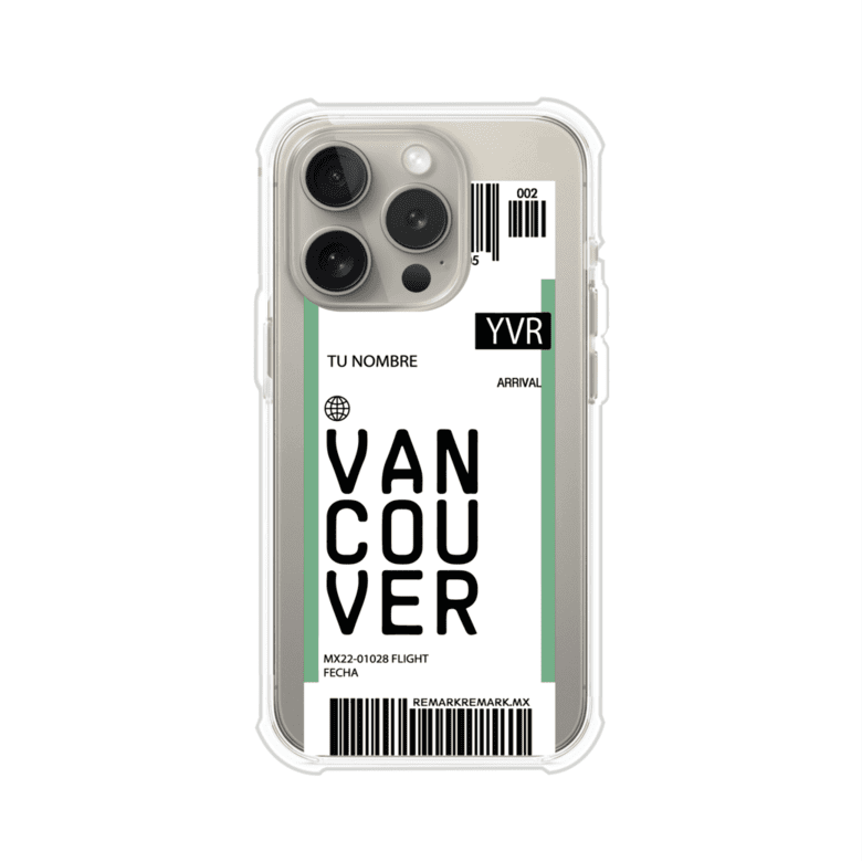 Funda personalizada estilo pase de abordar con diseño de Vancouver y código YVR, personalizable con nombre y datos de vuelo; producto de Remark MX para iPhone