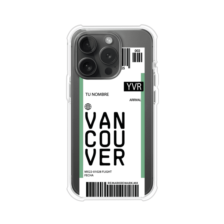 Funda personalizada estilo pase de abordar con diseño de Vancouver y código YVR, personalizable con nombre y datos de vuelo; producto de Remark MX para iPhone