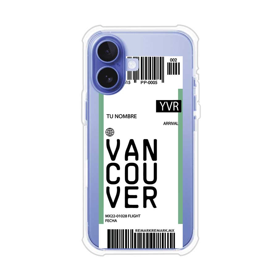 Funda personalizada estilo pase de abordar con diseño de Vancouver y código YVR, personalizable con nombre y datos de vuelo; producto de Remark MX para iPhone