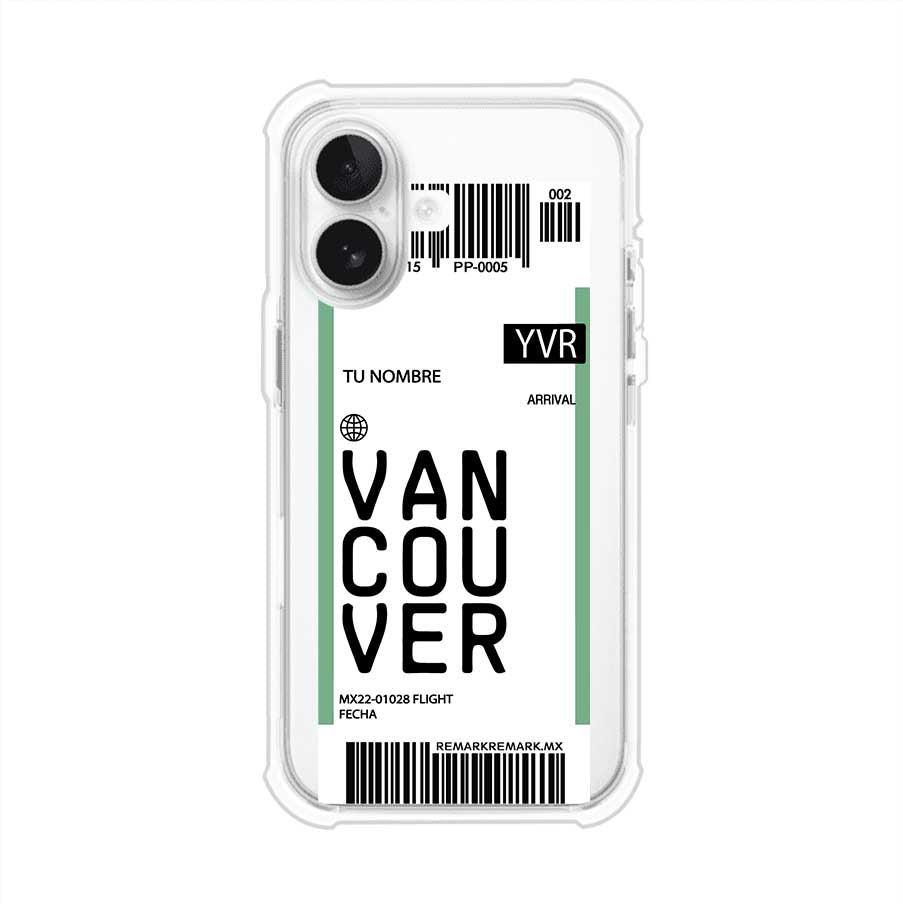 Funda personalizada estilo pase de abordar con diseño de Vancouver y código YVR, personalizable con nombre y datos de vuelo; producto de Remark MX para iPhone