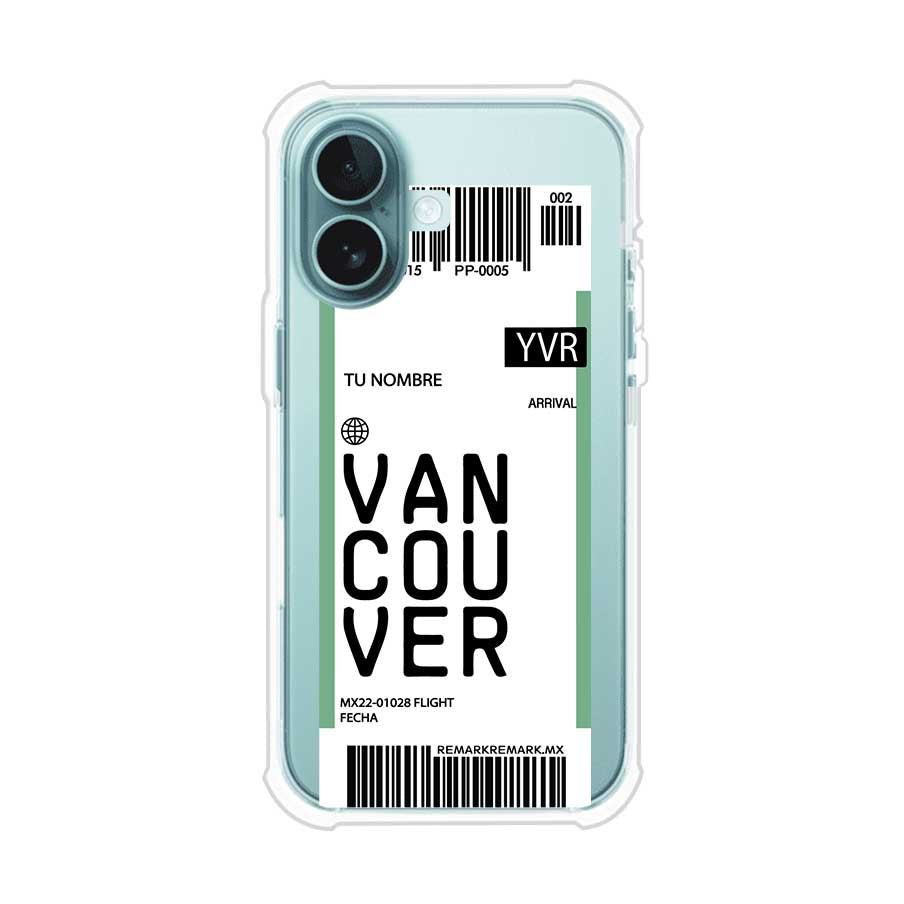 Funda personalizada estilo pase de abordar con diseño de Vancouver y código YVR, personalizable con nombre y datos de vuelo; producto de Remark MX para iPhone
